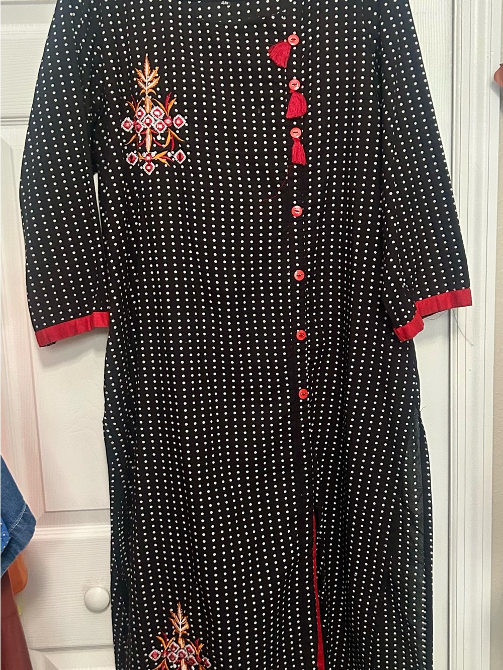 Black Polka Dot Women’s Kurta with Red Accents